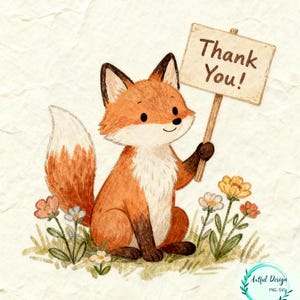 A cartoon fox holding a "Thank You" sign in a grassy field with flowers.
