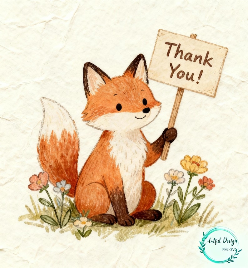 A cartoon fox holding a "Thank You" sign in a grassy field with flowers.