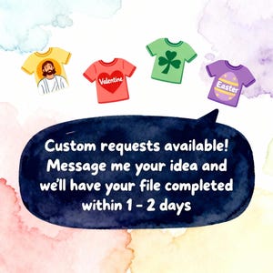 a speech bubble with text, and there are four t-shirts with different designs floating above it.