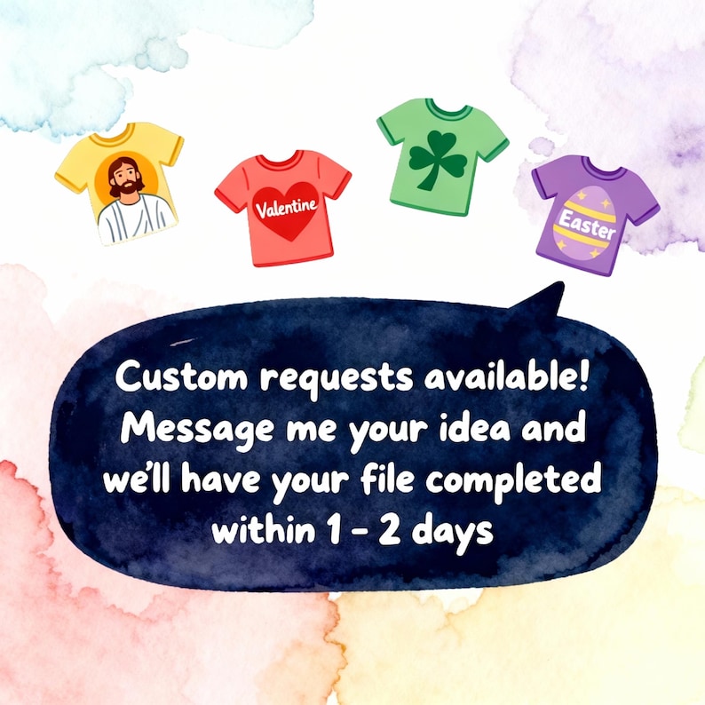 a speech bubble with text, and there are four t-shirts with different designs floating above it.