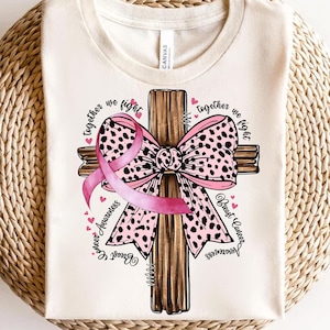 Breast Cancer Awareness Cross PNG, Pink Leopard Bow PNG, Together We Fight Sublimation, Christian Faith Hope Love PNG, Breast Cancer Support