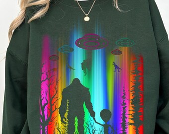 Bigfoot and Alien PNG: Rainbow UFO Abduction Clipart (Digital Download)