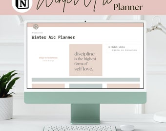 Può includere: Uno schermo di computer che mostra un sito web per un planner Winter Arc. Il sito web ha uno sfondo rosa e presenta il testo "Winter Arc Planner" e "discipline is the highest form of self love."