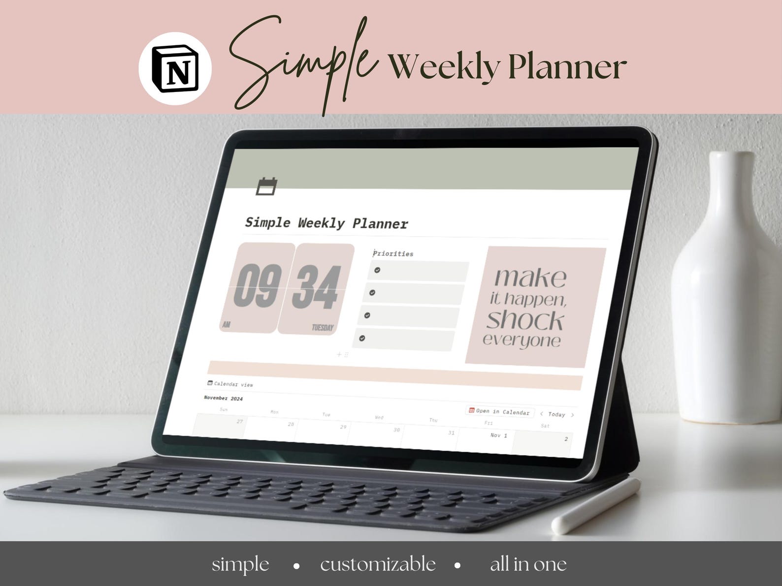 Simple Notion Customizable Simple Weekly Planner Notion Template | Customizable Digital Planner ...