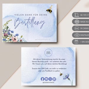 Druckbare Dankeskarte "Danke für deine Bestellung" – Canva Vorlage für Packetbeilage mit Hummel und Blumen im Naturdesign DIN A6 105x149 mm