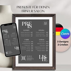 Cennik studiów fryzjerskich i fryzjerów w języku niemieckim. Cennik Ulotka z szablonem Canva, przegląd cen edytowalny w Canva, serwis.