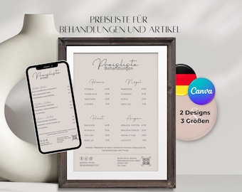 Hairdresser price list, cosmetics price list Canva template, services to edit yourself, German template, for hairdressers and barbers