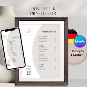 Price list for hairdresser. Price list Canva digital template. Hairdresser services QR code. Price list hairdressing salons digital and printable