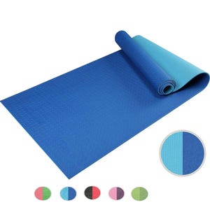 May include: A rolled-up yoga mat in shades of blue. The mat is primarily a textured, deep blue, with a lighter blue interior visible where it is rolled. A color swatch shows the blue tones and other color options.