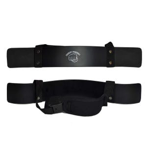 May include: Two black arm blaster devices. Each device has a curved, padded arm rest and a strap with a buckle. The top device has the text "RIGHT PUNCH" and a fist graphic.