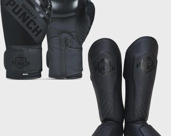 Leather Boxing Gloves & Shin Guards Set, Training Sparring Equipment, MMA Muay Thai Protective Gear