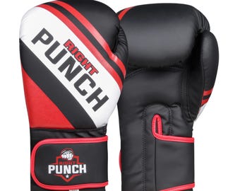 May include: Pair of black and red boxing gloves with white accents. The gloves have the words "Right Punch" printed on them.