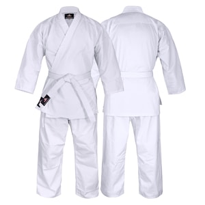 May include: A white karate uniform, also known as a gi, displayed from the front and back. The uniform includes a jacket with a wrap-around closure, pants, and a belt. The gi is made of a durable fabric suitable for martial arts training.