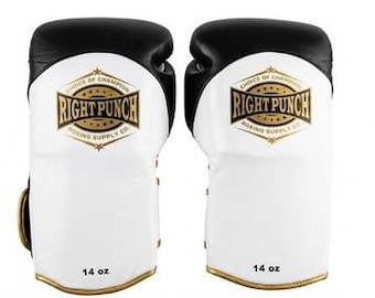 Right Punch Boxing Gloves Premium Training & Sparring Gloves White/Black Durable 14 oz