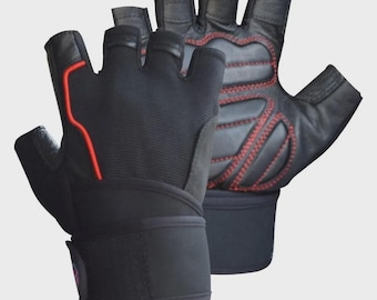 May include: Black weightlifting gloves with red stitching and accents. The gloves have a wrist strap for support and are fingerless, exposing the knuckles. The gloves are made of leather and a breathable fabric.