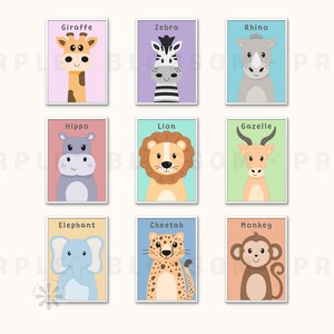 Set of 9 Safari Animal Posters | Nursery Wall Art | Prints for Children | DIGITAL DOWNLOAD