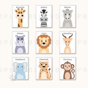 Set of 9 Safari Animal Posters | Nursery Wall Art | Prints for Children  | DIGITAL DOWNLOAD