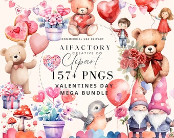 Watercolor Valentine's Day clipart, Mega Bundle Love Clipart, Pastel Pink, Bear, Gnomes, Candy, Wedding PNG, Boho Valentine, Commercial Use