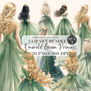 Emerald Green Princess Watercolor Clipart, Little Princess Clipart, Birthday Gold Glitter, Fairytale Princess and Castle PNG Carriage Knight