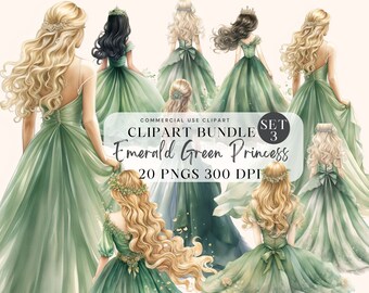 Emerald Green Princess Watercolor Clipart, Little Princess Clipart, Birthday Gold Glitter, Fairytale Princess and Castle PNG Carriage Knight