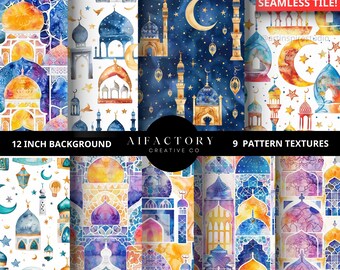 Watercolor Ramadan seamless pattern, Arabian Nights Geometric digital paper, digital download, islamic tile, moroccan background Paper Pack