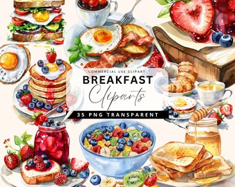 Watercolor Breakfast Foods Clipart, Coffee Bacon and Egg Clip Art, Pancakes & Waffles pngs, Restaurant Menu Graphics, Brunch Tea Jam Clipart