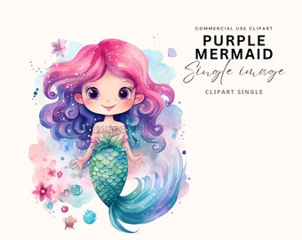 Mermaid Clipart, Fairy Tale, Magical Fantasy Clip Art, Nursery Decor, Single Image, Under the Sea Watercolor Illustrations, commercial use