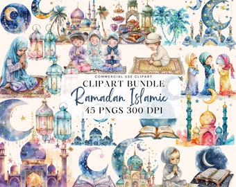 Può includere: Un pacchetto di clipart digitali con illustrazioni ad acquerello di moschee, lune crescenti, lanterne, palme e bambini in preghiera. Il testo recita: COMMERCIAL USE CLIPART CLIPART BUNDLE Ramadan Islamic 45 PNGS 300 DPI.