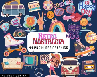 May include: A collection of 44 digital graphics featuring retro-themed illustrations including roller skates, camper vans, cassette tapes, disco balls, sunglasses, flowers, a television, a sofa, and a person, with text reading Retro Nostalgia.