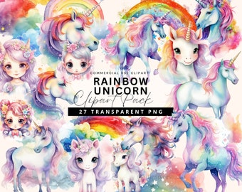 May include: A digital clipart collection featuring watercolor illustrations of unicorns, rainbows, and stylized characters with floral accents. The text reads: COMMERCIAL USE CLIPART RAINBOW UNICORN Clipart Pack 27 TRANSPARENT PNG.