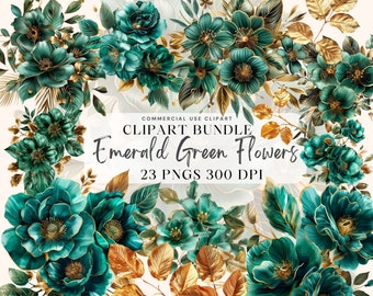 Emerald and Gold Green Flowers Watercolor Clipart Golden Leaves Glitter Flower Png Eembellishments Green Flowers Bouquet Sage Green