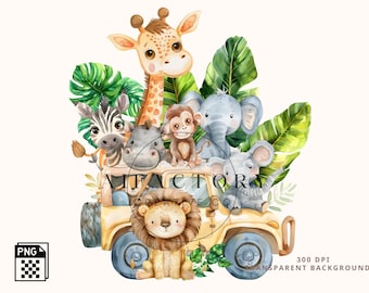 May include: A watercolor illustration featuring a giraffe, zebra, monkey, elephant, and lion riding in a yellow safari jeep surrounded by large green tropical leaves. The text AI FACTORY CREATIVE CO is overlaid in the center of the image.