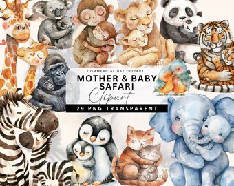 Mother Safari Animal Clipart, Baby Animals Mothers Day Clipart, Jungle Baby Shower Clipart, Jungle Birthday Decor, Digital Download PNG