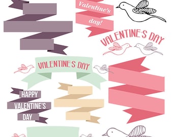 Banners Clip Art images - Digital Graphics - Valentine , love , birds - Ribbon Graphics for Creating Prints, Cards