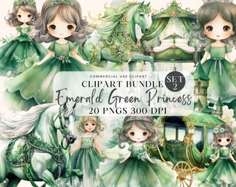 Emerald Green Princess Watercolor Clipart, Little Princess Clipart, Birthday Gold Glitter, Fairytale Princess and Castle PNG Carriage Knight