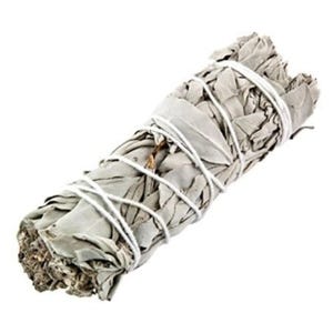 May include: A white sage smudge stick, bundled and tied with white string. The sage is dried and ready to be burned for cleansing and purification.