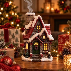 Puede incluir: Una casa de piedra en miniatura con un tejado de tejas rojas cubierto de nieve, una chimenea con humo, ventanas amarillas iluminadas, una puerta verde con una corona y pequeñas linternas negras a ambos lados de la entrada.
