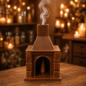 Puede incluir: Un quemador de incienso con forma de chimenea en miniatura, de color marrón, con humo que sale de la chimenea. El quemador tiene una textura similar a la de un ladrillo y una abertura arqueada. Un palito de incienso en forma de cono está dentro.