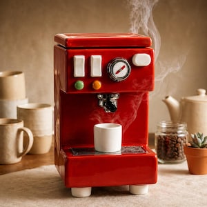 May include: A red ceramic espresso machine with white accents, including buttons and a cup. Steam rises from the machine, suggesting freshly brewed coffee. A white cup sits on the drip tray. Other coffee-related items are in the background.
