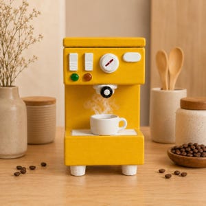 May include: A yellow wooden espresso machine with white details and a small white cup with steam rising. The machine features buttons and a dial. Coffee beans and wooden spoons are in the background.