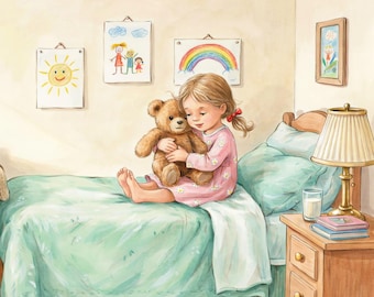 Children's Book Illustration Mug, Girl, Puppy, Teddy Bear Watercolor Coffee Cup