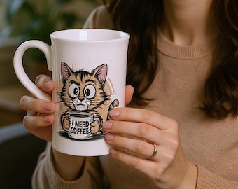 I Need Coffee Cat Mug – Whimsical Tabby Porcelain Coffee Cup
