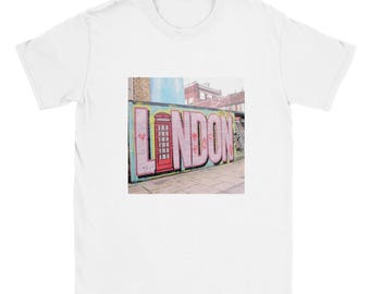 London Graffiti T-Shirt - Urban Art Design with Red Phone Booth - Unique City Street Style