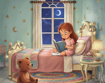 Storybook Mug, Moonlit Bedroom Reading Illustration, Cozy Cottagecore Coffee Cup (11oz)