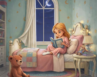 Moonlit Bedroom Reading Girl Ceramic Mug, Cozy Bedtime Story Coffee Cup