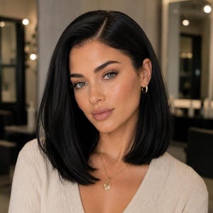 Può includere: Una donna con capelli scuri, lunghi fino alle spalle e pelle chiara. Indossa un top colorato chiaro e gioielli d'oro, tra cui una collana con un ciondolo e piccoli orecchini a cerchio. Lo sfondo è un interno sfocato.