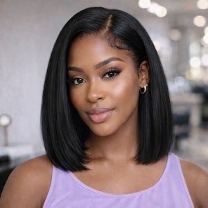 Può includere: Una donna con capelli scuri acconciati a caschetto. Ha un incarnato medio e indossa un top lilla chiaro e piccoli orecchini a cerchio dorati. Il suo trucco include mascara e rossetto. I capelli sono separati di lato.