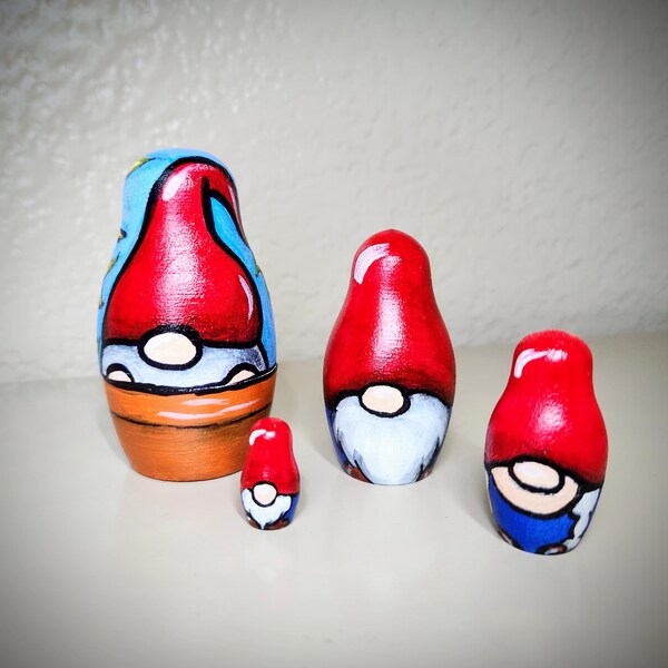 Hand Painted Garden Gnome Nesting Dolls - Mini Set of 4