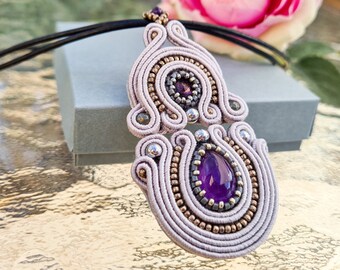 Amethyst pendant, soutache jewelry