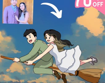 Custom Kiki&#39;s Delivery | Valentine Gift, Personalized Ghibli Anime Portrait, Totoro Potrait, Anime Portrait for Couples, Family & Pets